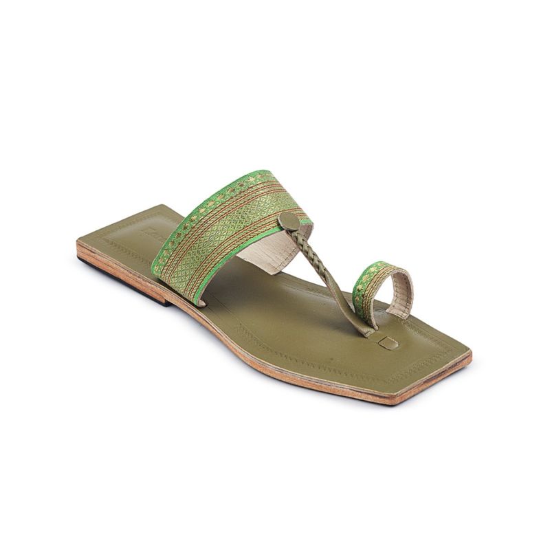 Korakari Jari Lime Kolhapuris Lime Green Assorted (UK 7)