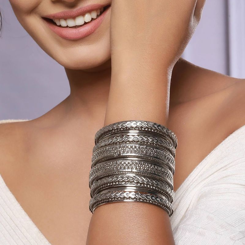 Aatmana Silver-Plated Oxidised Textured Bangles (Set of 18) (2-4)