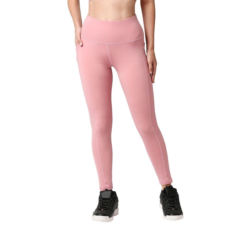 SOIE High Waist Ankle Length Quick Dry Sports Leggings With Side Pockets-Blush (XL)