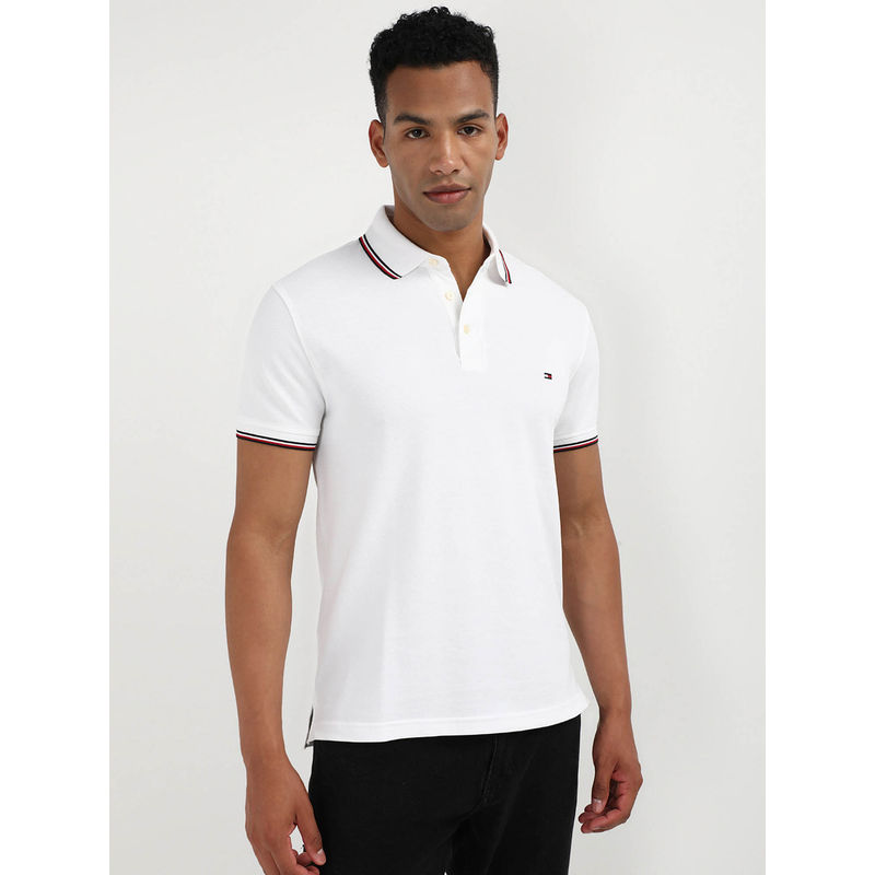 Tommy Hilfiger White Collar Neck Solid Polo T-Shirt (L)