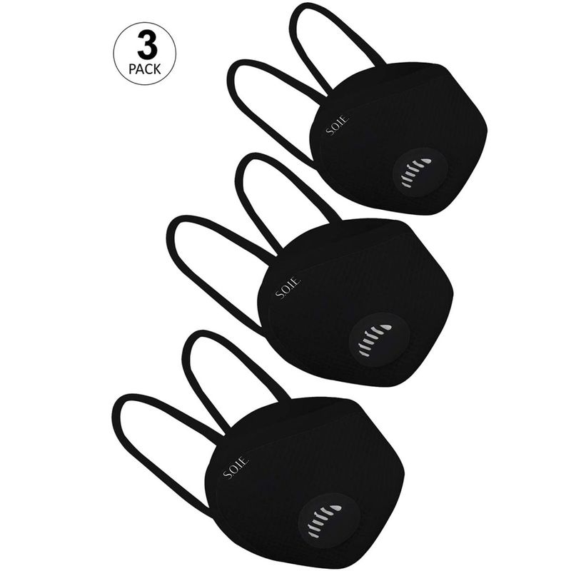 SOIE Two Way Respirator 8 Layer Reusable SN99 Ear Loops Safety Mask Pack of 3 - Black (L)