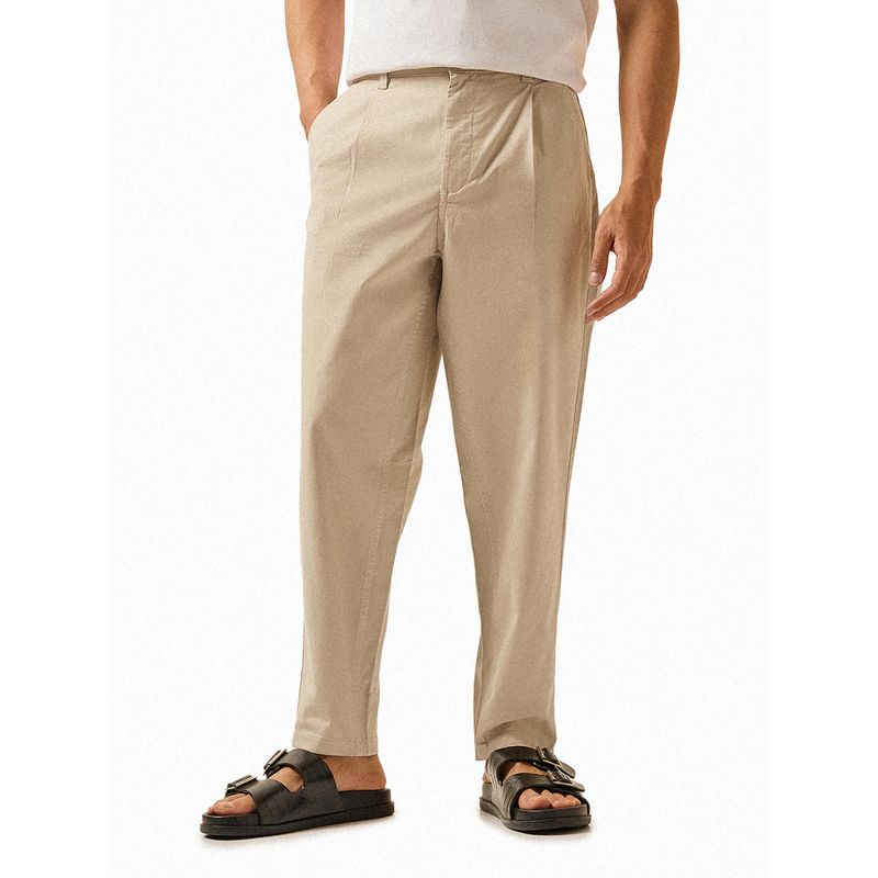 THE BEAR HOUSE Men Cream Solid Casual Chinos (36)