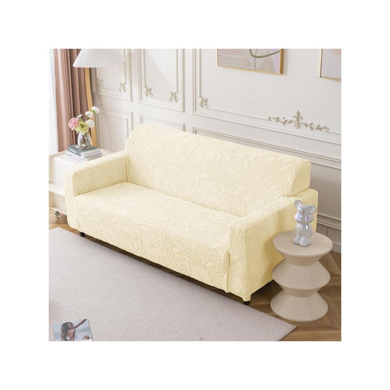 House of Quirk Stretchable Sofa Cover Soft Jacquard Camellia Fabric Slipcover Beige (2 Seater)