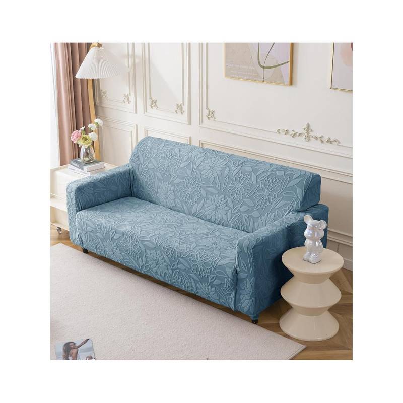 House of Quirk Stretchable Sofa Cover Soft Jacquard Camellia Fabric Slipcover Light Blue (2 Seater)