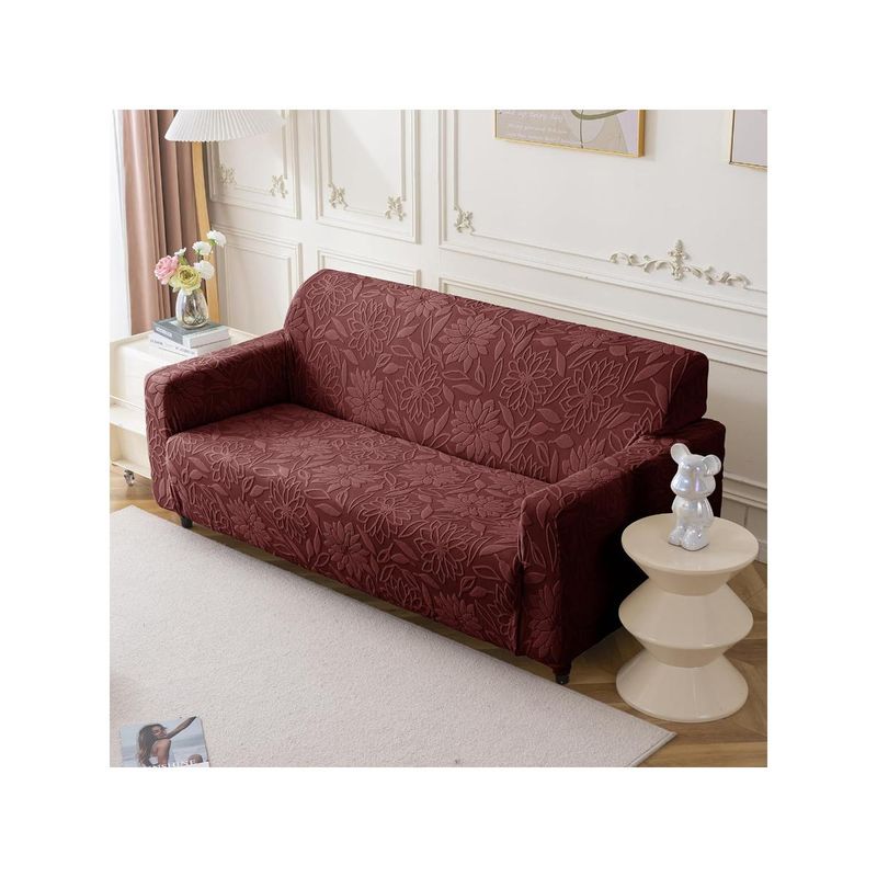 House of Quirk Stretchable Sofa Cover Soft Jacquard Camellia Fabric Slipcover Maroon (4 Seater)