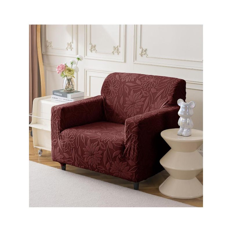 House of Quirk Stretchable Sofa Cover Soft Jacquard Camellia Fabric Slipcover Maroon (1 Seater)
