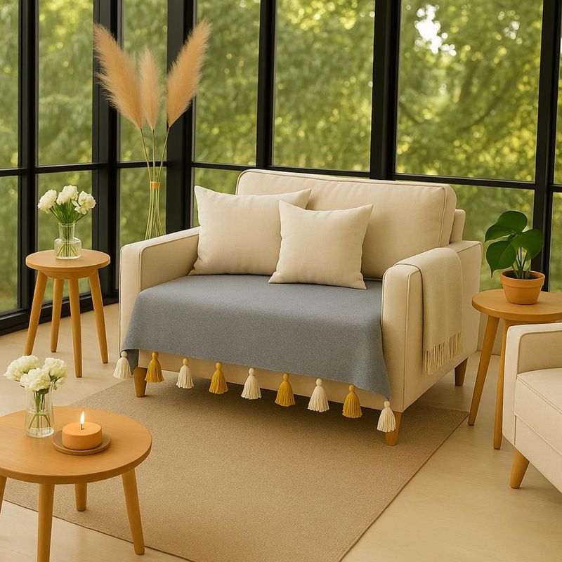 THROW PILLOW Light Grey With Yellow And Offwhite Tassels Sofa Cover 65X65 cm (1 Seater)