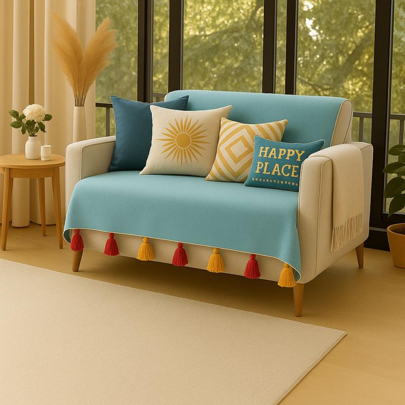 THROW PILLOW Turquoise Blue With Magenta and Yellow Tassels Sofa Cover 65X130 cm (1 Seater)