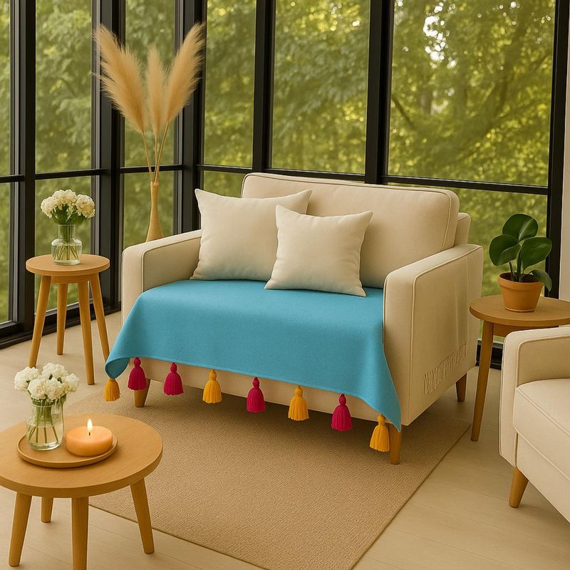 THROW PILLOW Turquoise Blue With Magenta And Yellow Tassels Sofa Cover 65X65 cm (1 Seater)