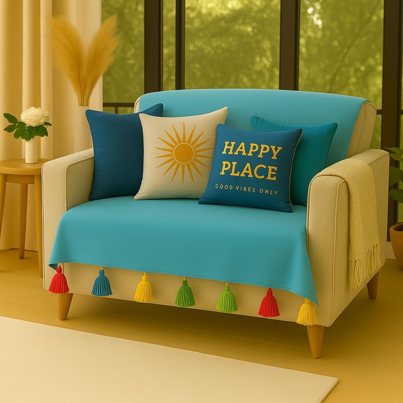 THROW PILLOW Turquoise Blue With Multicolour Tassels Sofa Cover 65X130 cm (1 Seater)