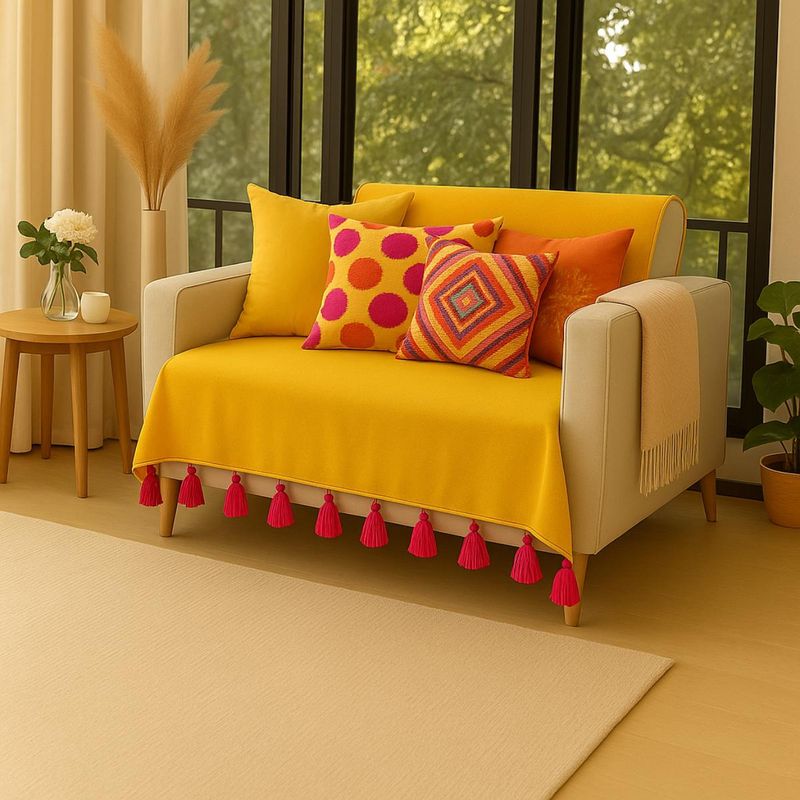 THROW PILLOW Yellow With Magenta Tassels Sofa Cover 65X130 cm (1 Seater)