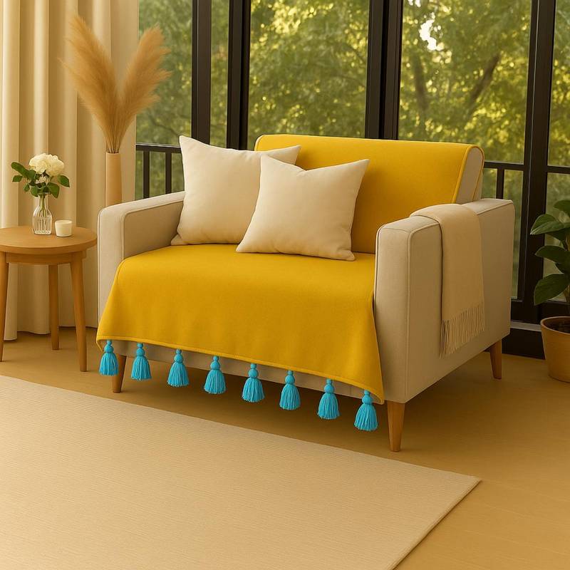 THROW PILLOW Yellow With Ice Blue Tassels Sofa Cover 65X130 cm (1 Seater)
