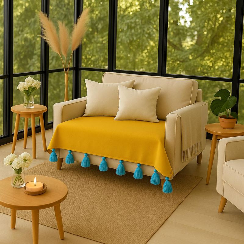 THROW PILLOW Yellow With Ice Blue Tassels Sofa Cover 65X65 cm (1 Seater)