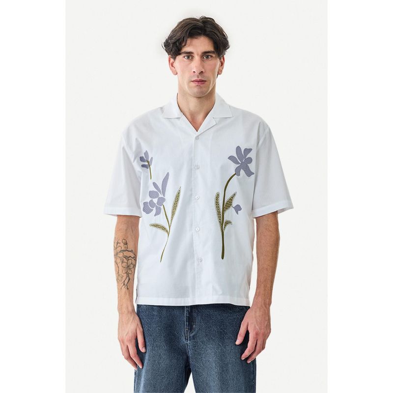 Snitch White Embroidery Half Sleeves Boxy Casual Shirt (M)