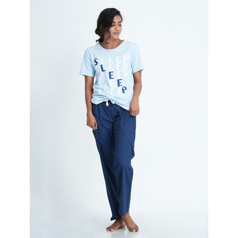 Mackly Womens Printed Tshirt & Pyjama Set-Blue (S)