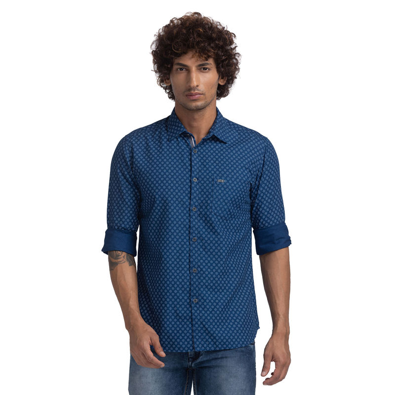 Parx Slim Fit Printed Navy Blue Casual Shirt (38)