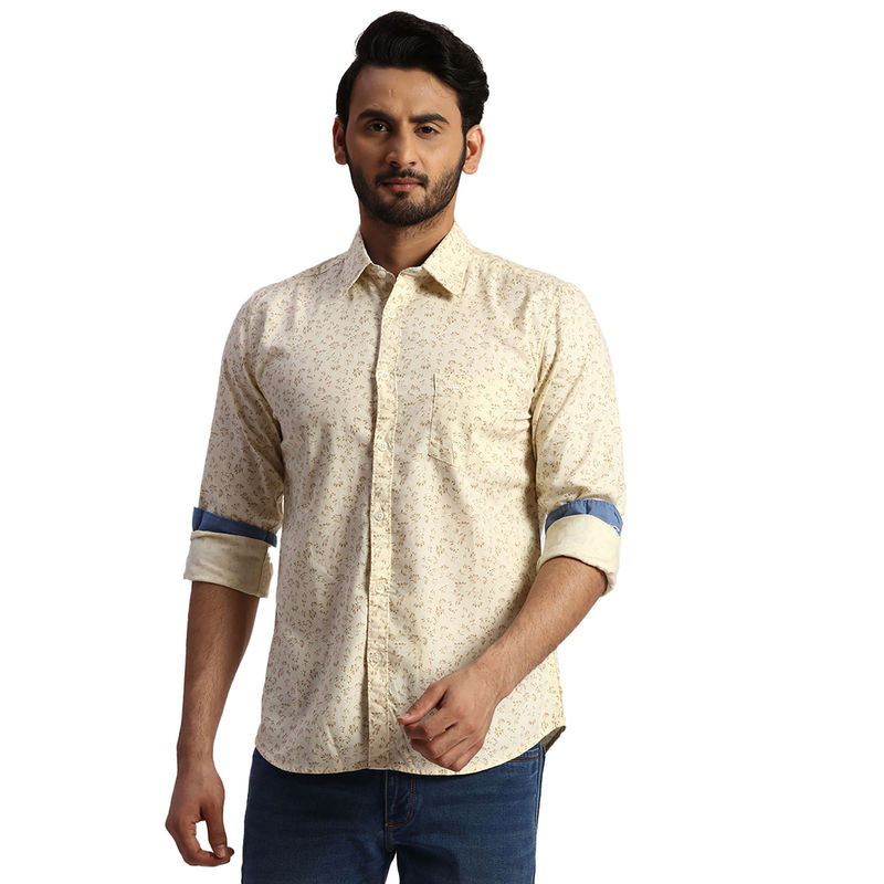 Parx Slim Fit Printed Light Yellow Casual Shirt (40)