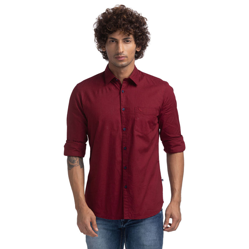 Parx Slim Fit Solid Dark Maroon Casual Shirt (39)