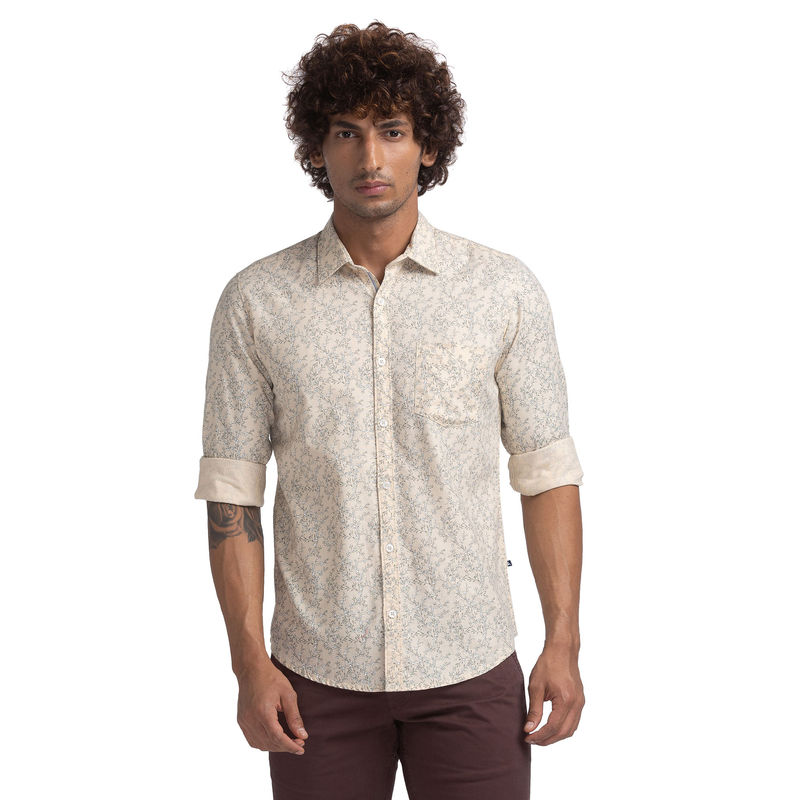Parx Slim Fit Printed Light Fawn Casual Shirt (39)