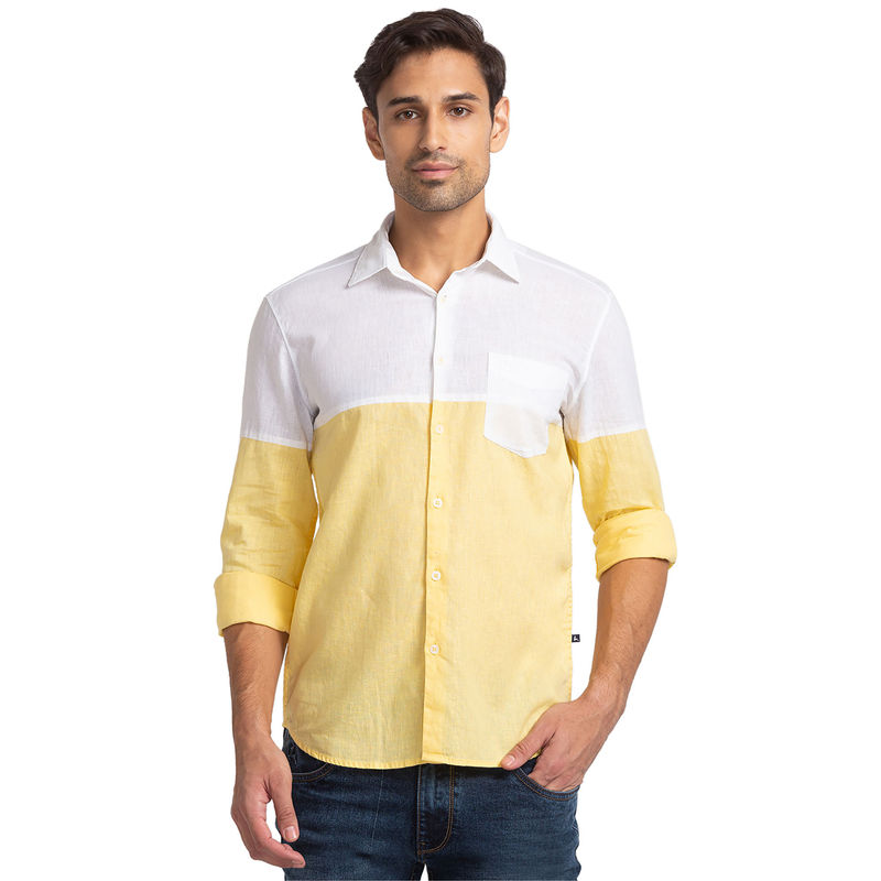 Parx Slim Fit Colorblock Light Yellow Casual Shirt (40)