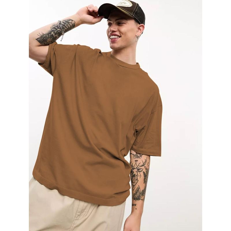 CHKOKKO Brown Solid Crew Neck T-Shirt for Men (XL)