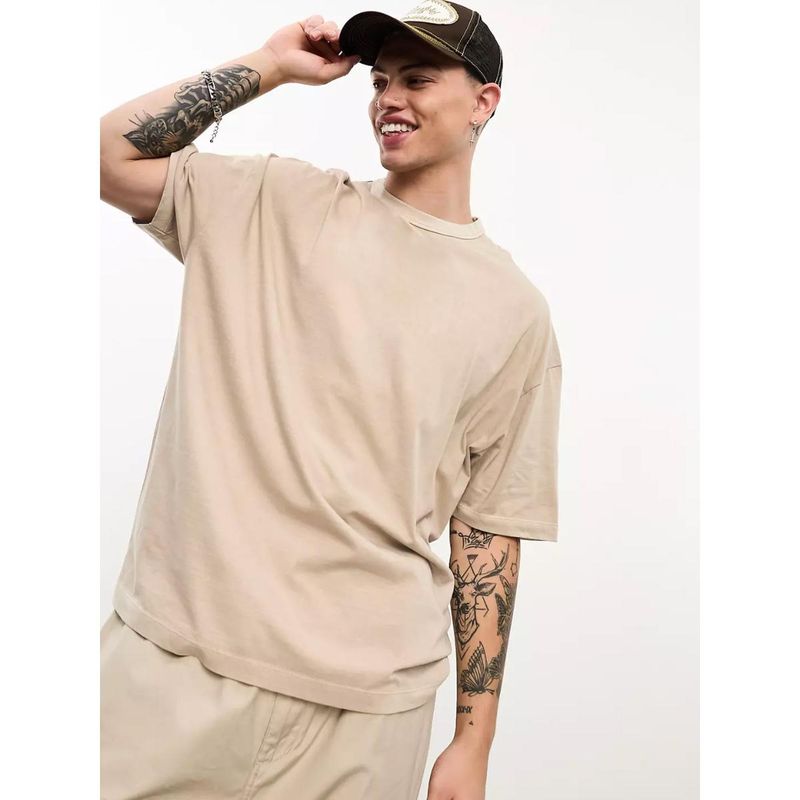 CHKOKKO Beige Solid Crew Neck T-Shirt for Men (M)