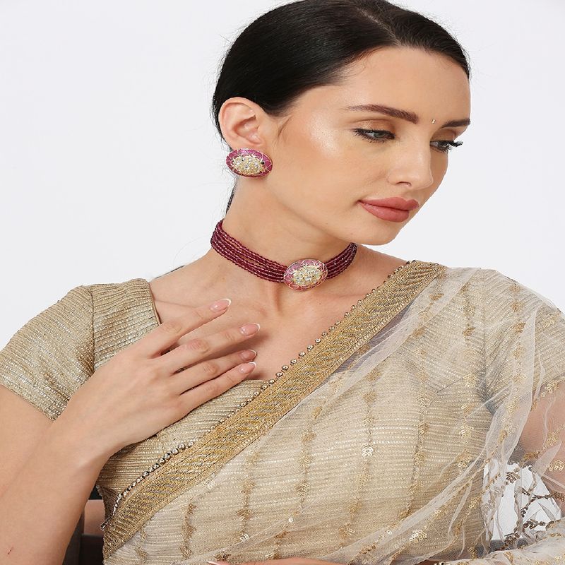 Mahi Incredible Gold Plated Maroon Meena Work and Beads Choker Necklace (Set of 2) Buy Mahi