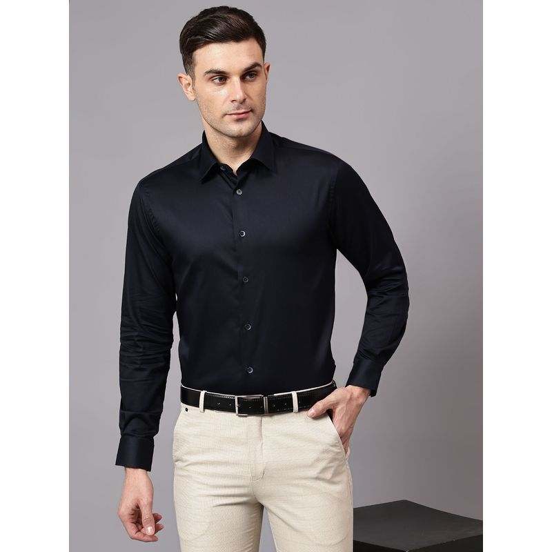 Cantabil Men Navy Blue Solid Full Sleeves Party Wear Shirt (42)