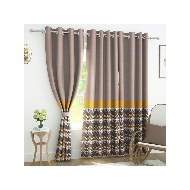 Story@Home 300 Gsm Polyester Blackout Long Door Curtain 4 Pc Light Brown & Golden (9 Feet)