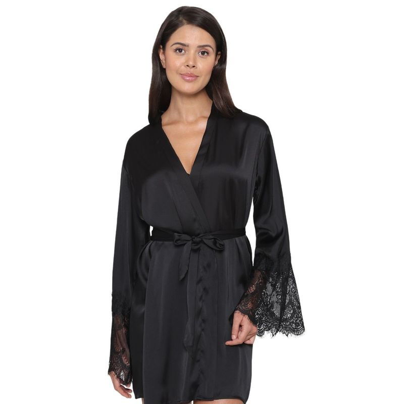 Wacoal Lacy Sleeves Knee Length Shiny Finish Wrap-Over Bridal Satin Robe-Black (Set of 2) (L)