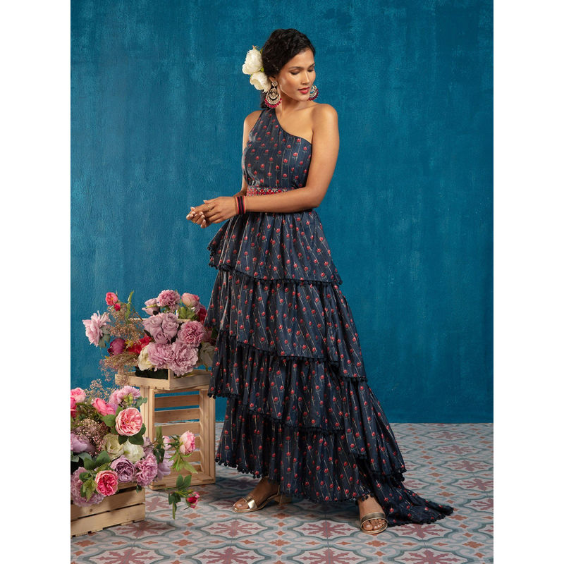 Gajra Gang by Nykaa Fashion Banjara Vibes Navy One Shoulder Tiered Maxi