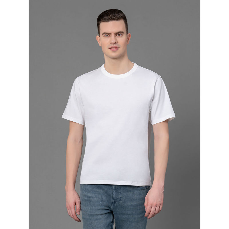 Red Tape Men White Pure Cotton Solid Round Neck T-Shirt (S)