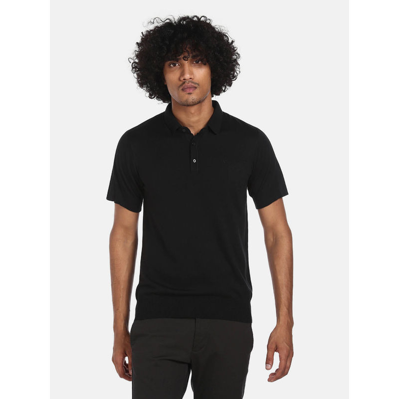 Arrow Newyork Men Black Short Sleeve Solid Polo Shirt (L)