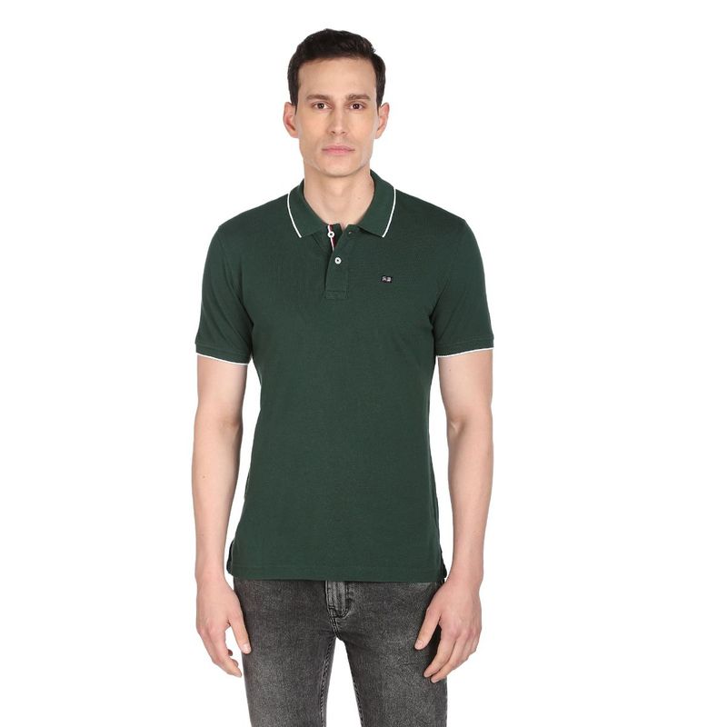 Arrow Sports Men Dark Green Solid Compact Cotton Polo Shirt (L)