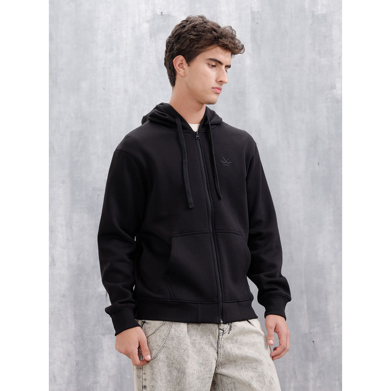 WROGN Men’S Solid Zip-Up Hoodie neck Black Jacket (L)