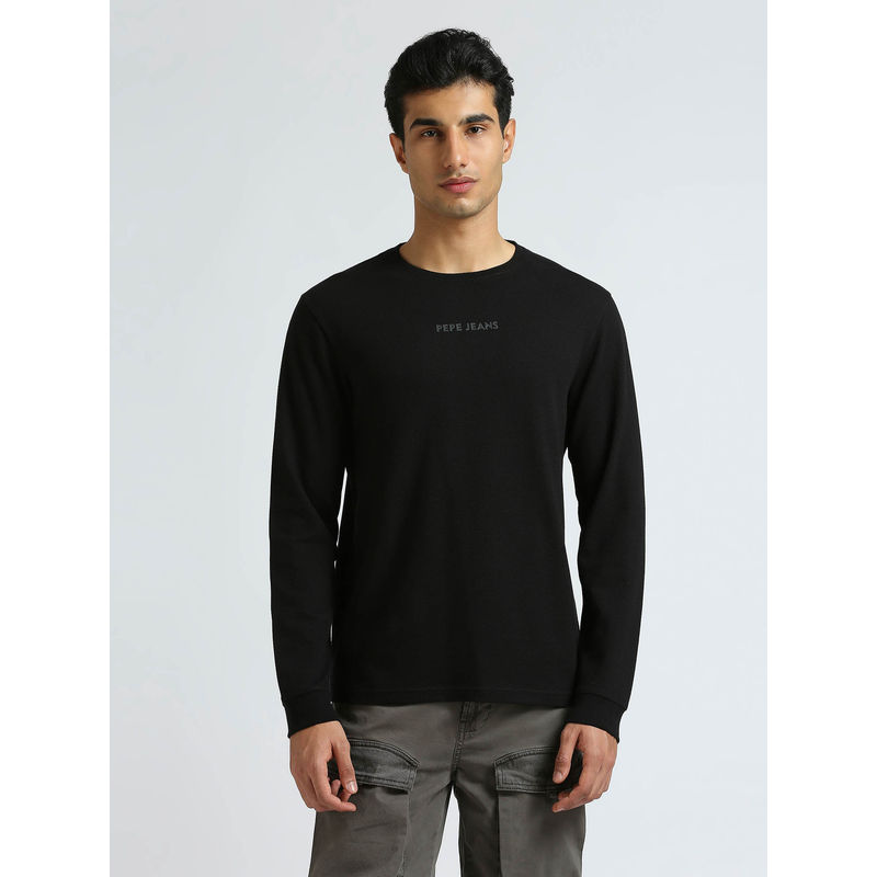 Pepe Jeans Black Graphic Print Full Sleeved T-Shirt (XL)