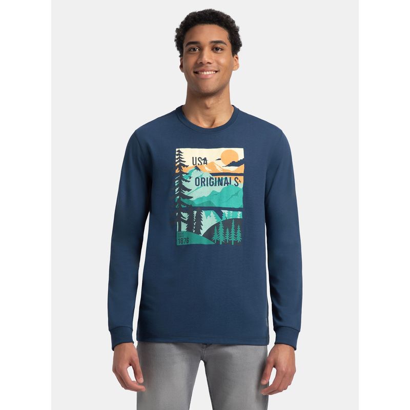 Jockey US82 Men Super Combed Cotton Printed Round Neck T-Shirt - Blue (S)