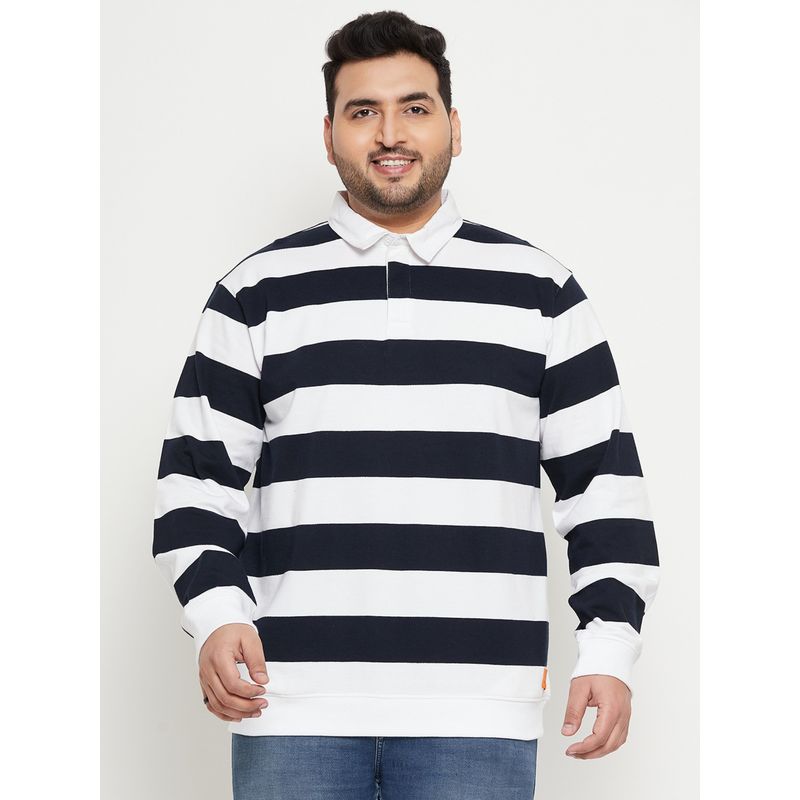 Club York White Navy Blue Polo Neck Plus Size Sweatshirt (2XL)