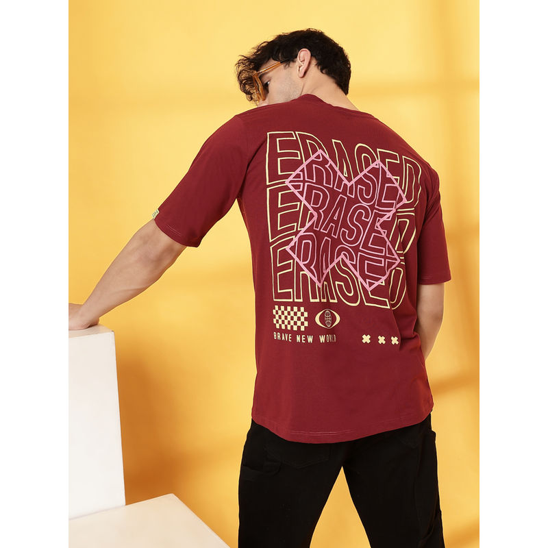 RIGO Men Maroon Jersey Oversized Printed T-Shirt (L)