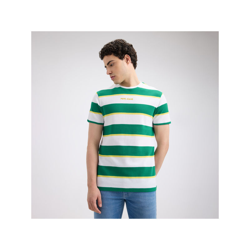 Pepe Jeans Men Green Stripe Sporty Short Sleeve T-Shirt (L)