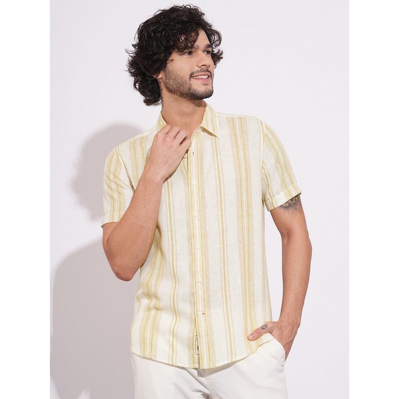 Being Human Men Yellow Striped Half Sleeves Shirt (L)