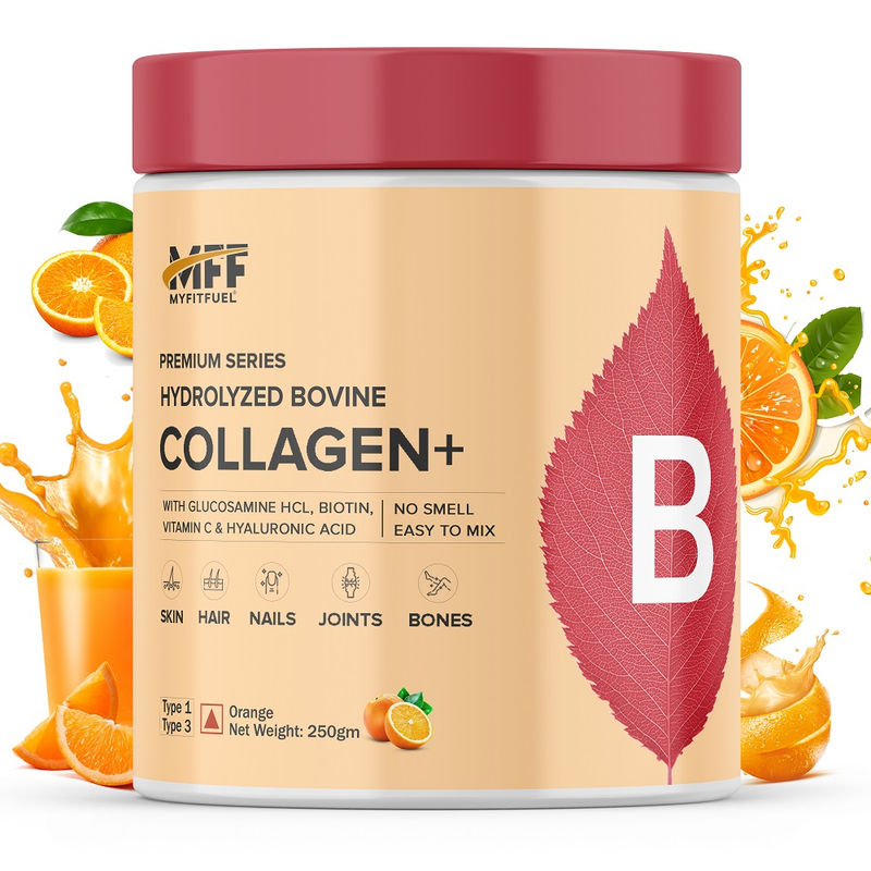 MyFitFuel Hydrolyzed Bovine Collagen +Hyaluronic Acid Biotin Vitamin C. Skin Hair Nails Orange(250g)