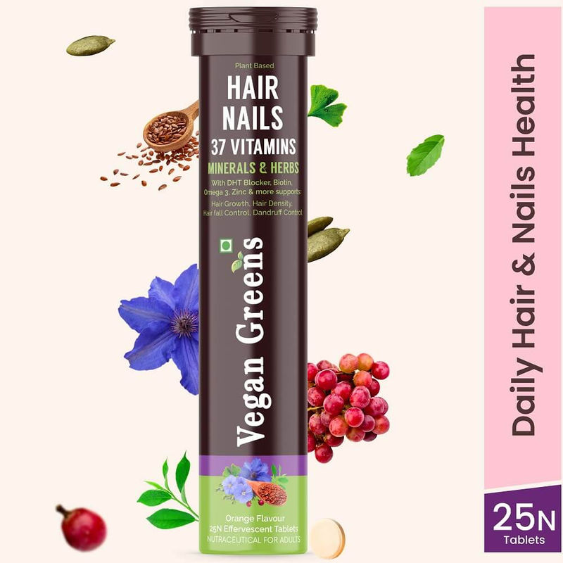 Vegan Greens Hair & Nails 37 Vitamins Minerals & Herbs Effervescent Tablets - Orange