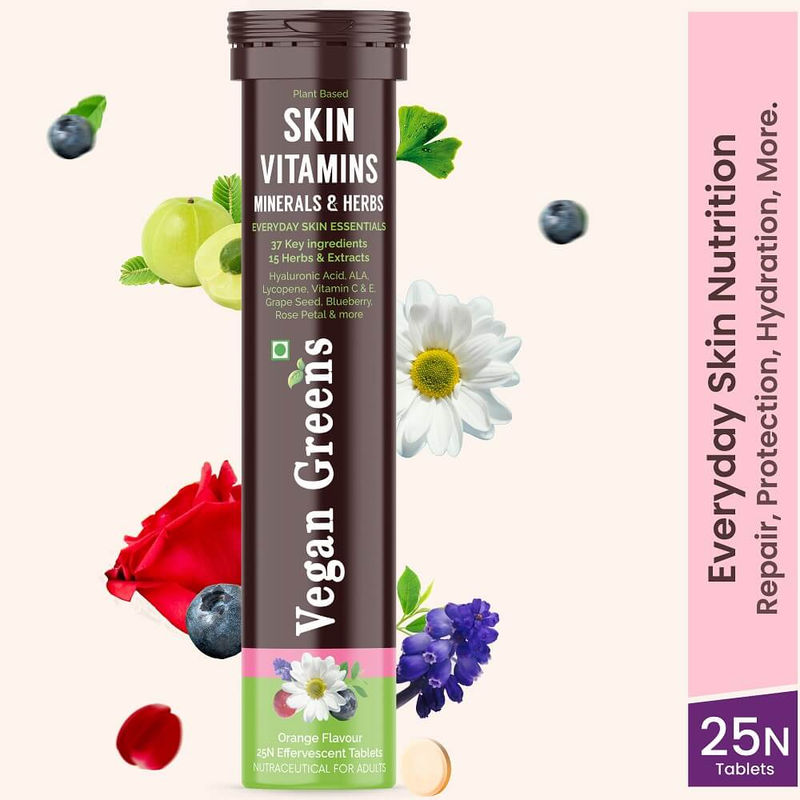 Vegan Greens Skin Vitamins Minerals & Herbs Effervescent Tablets - Orange