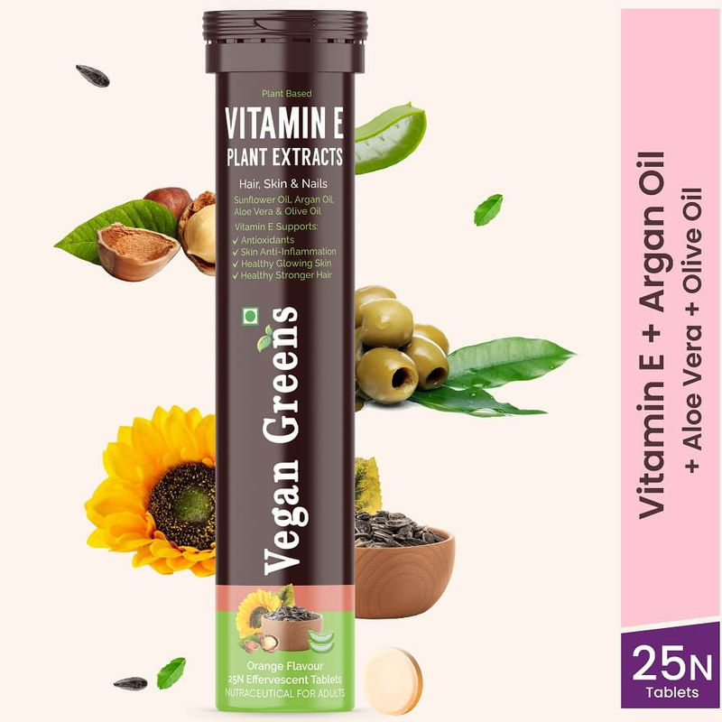 Vegan Greens Plant Based Vitamin E Sunflower, Aloe Vera, Olive, Argan Oil Effervescent Tabs - Orange