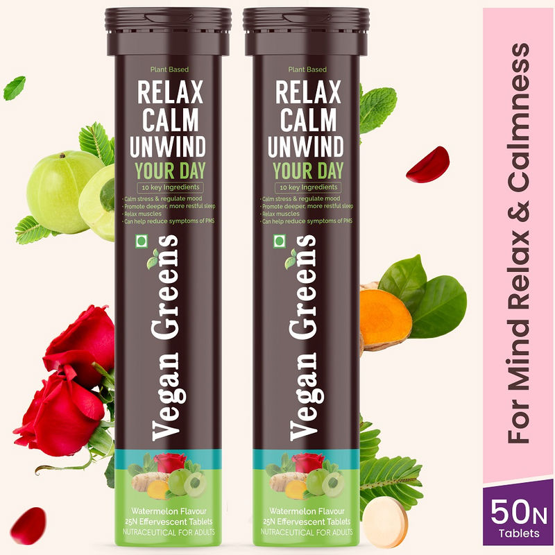 Vegan Greens Relax Calm Unwind Your Day Effervescent Tablets - Watermelon (Pack of 2)