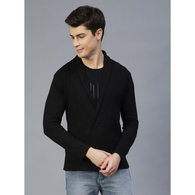 RIGO Men Black Shawl Collar waffle Knit Jacket (M)
