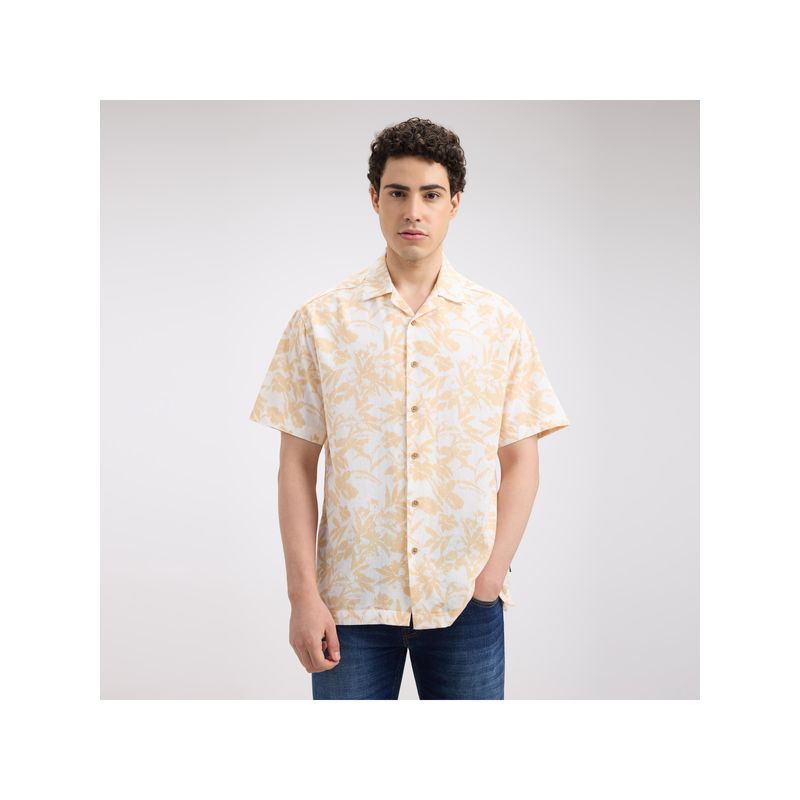 Pepe Jeans Men Beige Botanical Print Short Sleeve Linen Shirt (S)