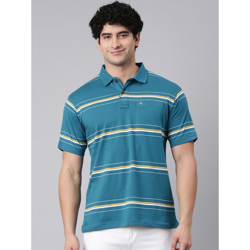 Classic Polo Men'S Teal Blue Authentic Fit Striped Cotton Blend Polo T-Shirt (XL)
