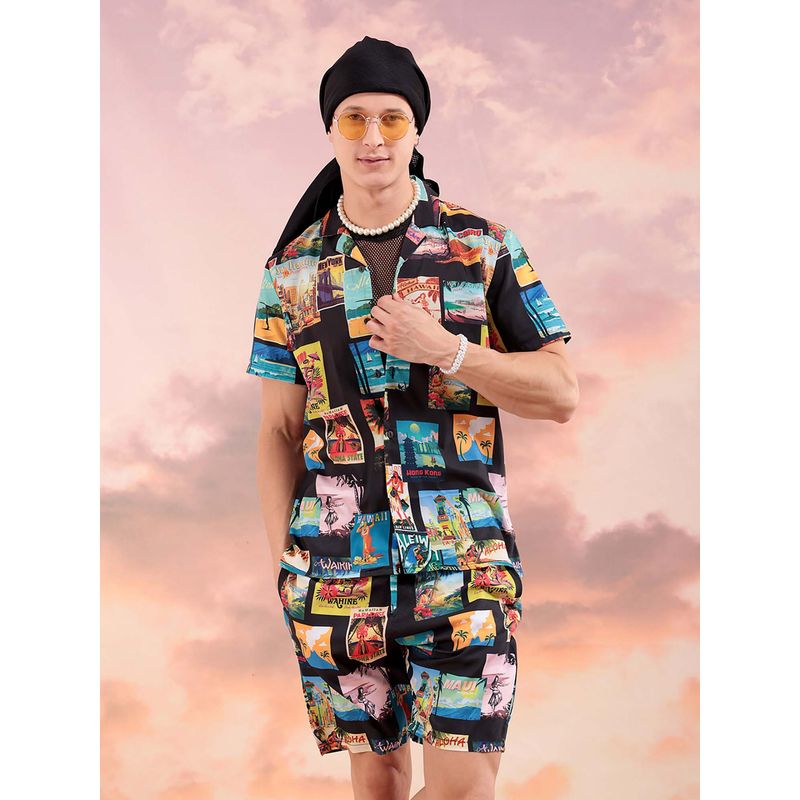 The Indian Garage Co Black Printed Regular Fit Shirt and Shorts (Set of 2) (S)